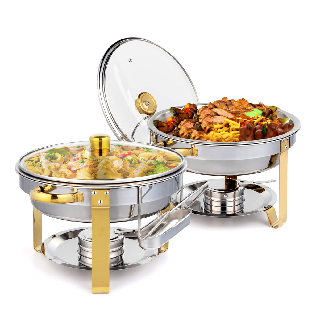 ROVSUN 5QT 2 Packs Chafing Dish Buffet Set Gold Accent, NSF Round Stainless Steel Buffet Warmer Chafers and Buffet Warmers Sets with Glass Lid & Lid Holder for Catering Events Parties Weddings Dinners