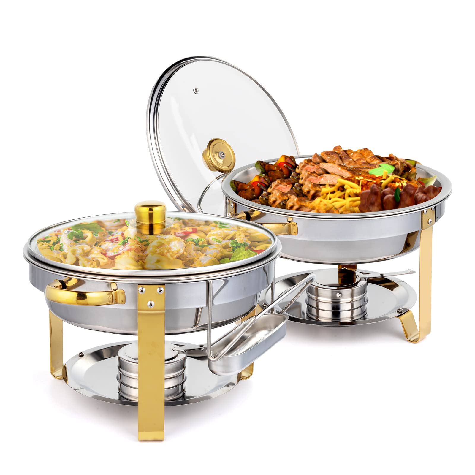 ROVSUN 5QT 2 Packs Chafing Dish Buffet Set Gold Accent, NSF Round Stainless Steel Buffet Warmer Chafers and Buffet Warmers Sets with Glass Lid & Lid Holder for Catering Events Parties Weddings Dinners