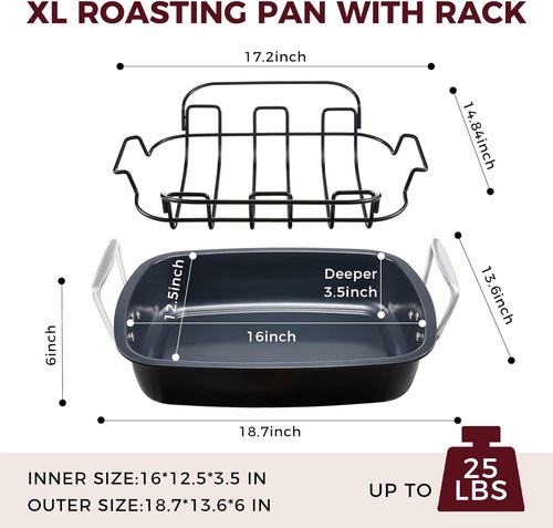 HONGBAKE Extra Large Nonstick Turkey Roasting Pan - 18.7x13.6 Inch Heavy Duty Steel with Rack & Wider Handles