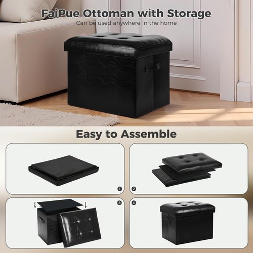 FaiPue Storage Ottoman Footrest Stool. Foldable Oil Waxed Leather Footstool with Thicker Foam Padded Seat. Small Ottoman with Storage Bench for Living Room Bedroom 350 lbs, 17x13x13in, Black.