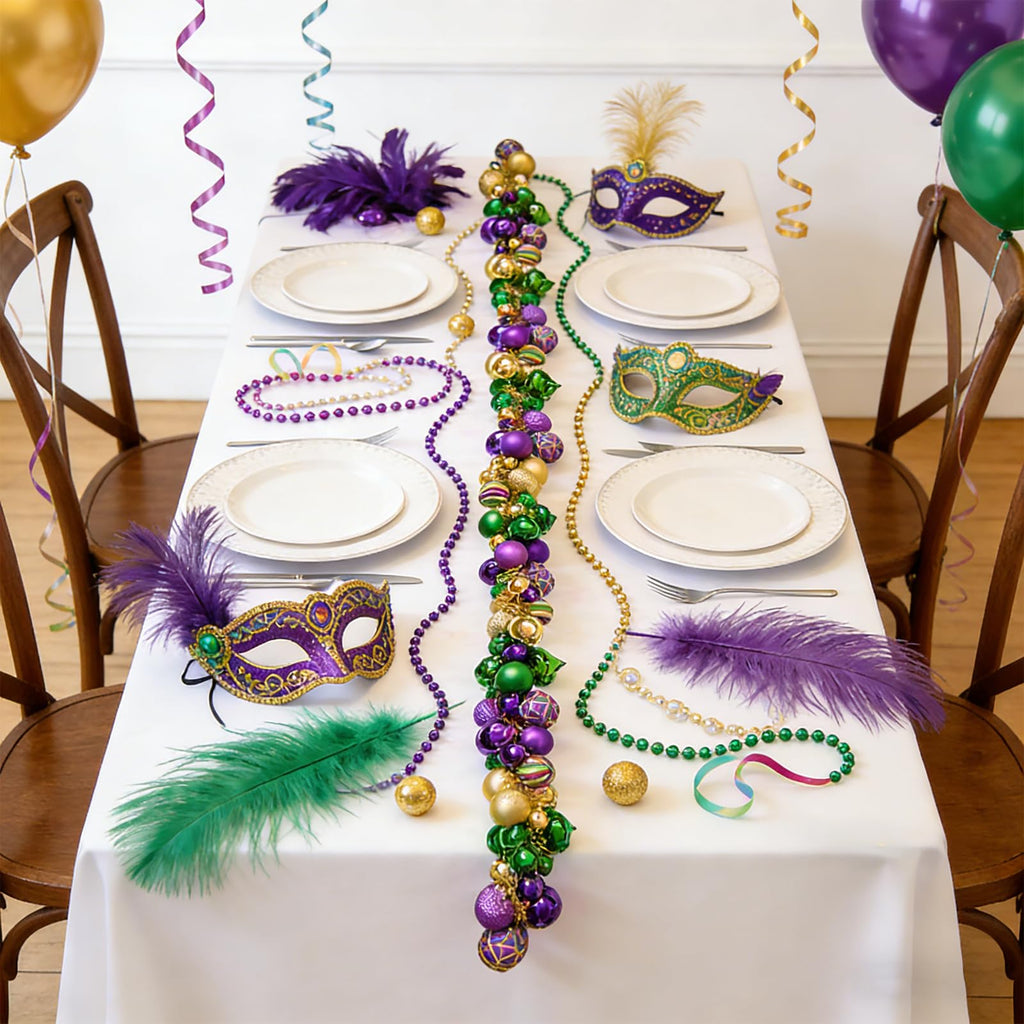 6 Ft Mardi Gras Garland with Purple Green Gold Glitter Balls, Carnival Bead Decor for Front Door, Mantel, Wall and Fireplace, Festive Fat Tuesday Indoor Outdoor Party Supplies
