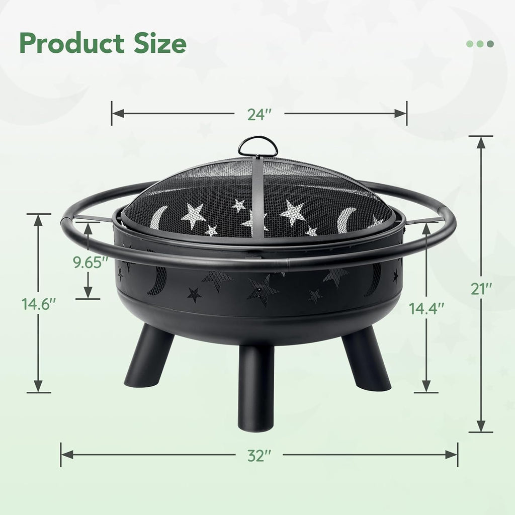 Skiennix 32-Inch Round Fire Pit - Metal Wood Burning Design with Mesh Cover & Poker | Perfect for Outdoor Gatherings