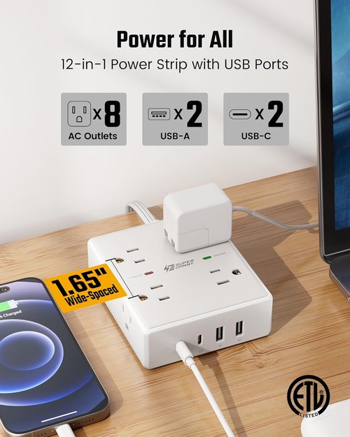 10Ft Extension Cord - Flat Plug Surge Protector Power Strip with 8 Outlets & 4 USB Ports | Ideal for Home Office & Dorm Room