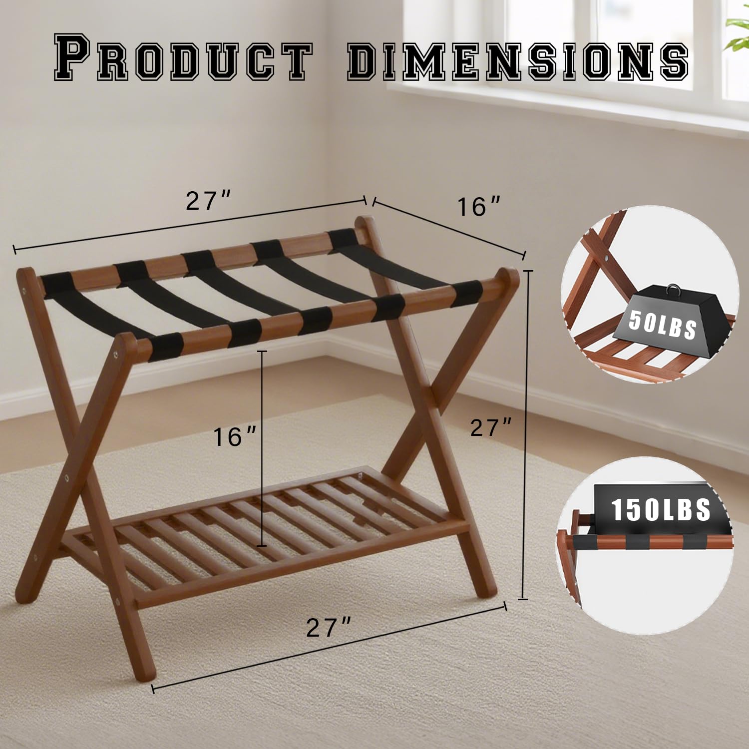 GAOHAPY Bamboo Luggage Rack with Shoe Shelf Folding Suitcase Stand with 5 Heavy-Duty Straps for Guest Room Living Room Hotel Ideal Luggage Holder for Suitcases Bags Shoes,Walnut Brown