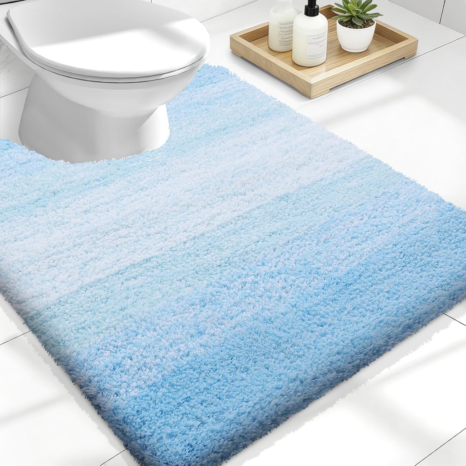 OLANLY Luxury U-Shaped Toilet Rugs - Extra Soft, Absorbent Microfiber Bath Mat | 24x20, Sky Blue