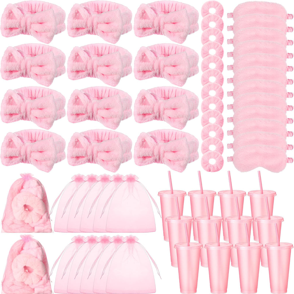 Wavyknot 60 Pcs Spa Party Supplies Bulk Include 12 Bow Hairbands 12 Sleep Eye Mask 12 Hair Scrunchies 12 Glitter Cups 12 Organza Bag for Women Sleepover Slumber Spa Party Favor(Pink)