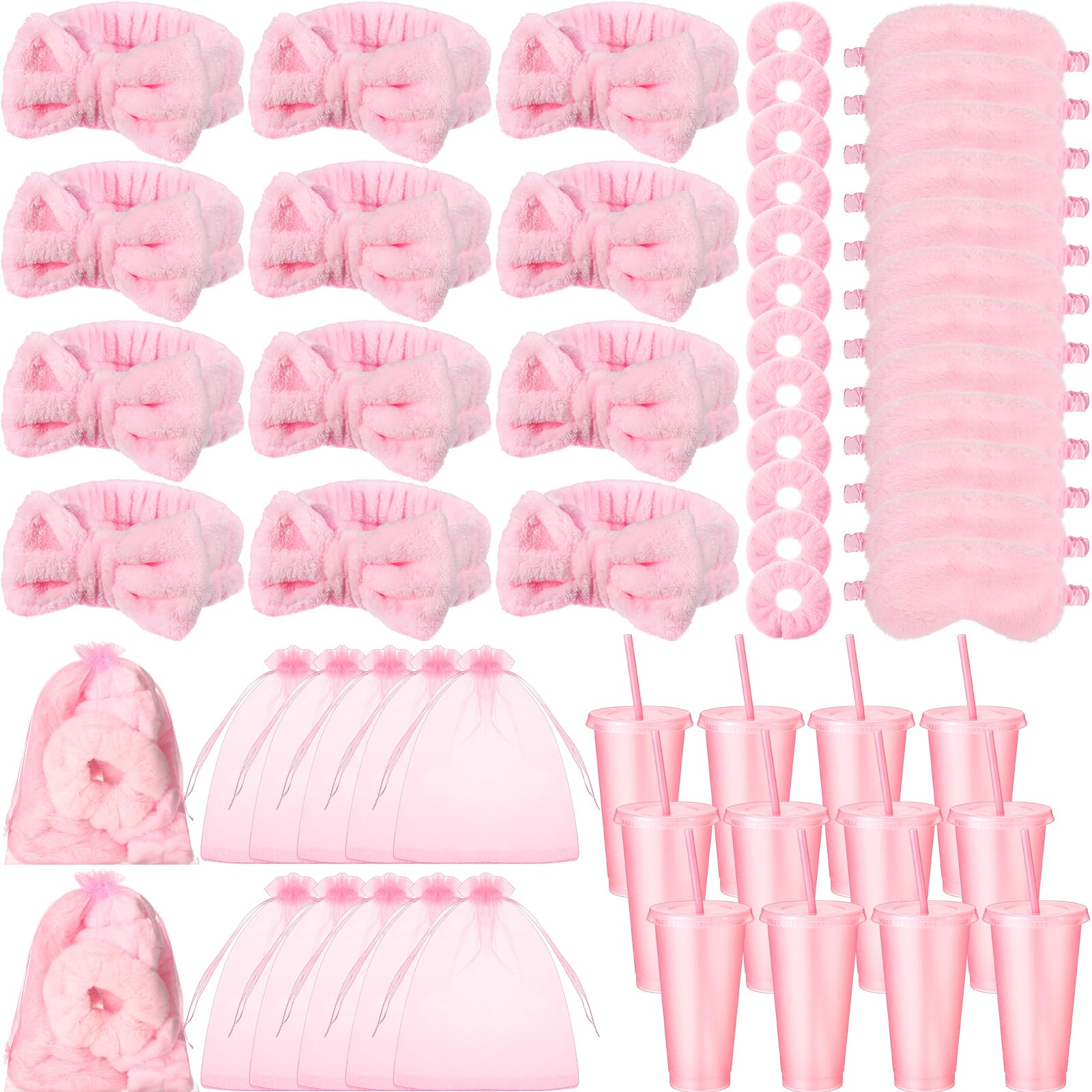 Wavyknot 60 Pcs Spa Party Supplies Bulk Include 12 Bow Hairbands 12 Sleep Eye Mask 12 Hair Scrunchies 12 Glitter Cups 12 Organza Bag for Women Sleepover Slumber Spa Party Favor(Pink)