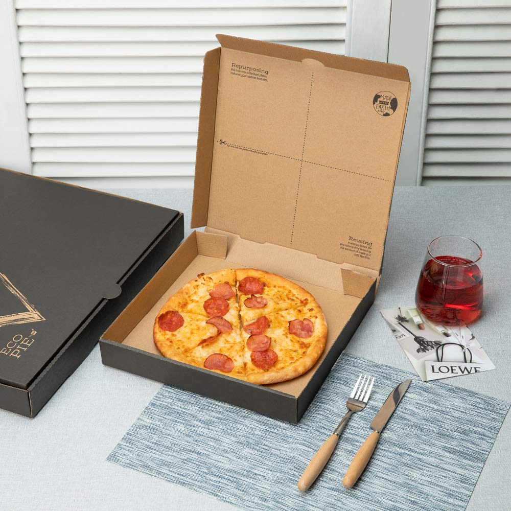 Restaurantware Eco Pie 14.5 Inch x 1.6 Inch Pizza Boxes 50 Corrugated Pizza Delivery Boxes - Repurpose As Plates Sturdy Kraft And Black Paper Take Out Boxes Greaseproof Disposable