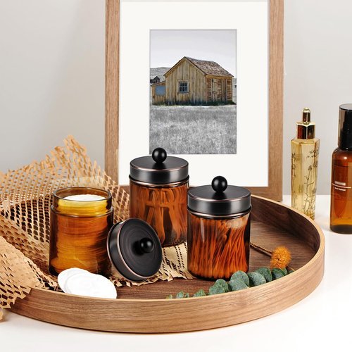 Amber Glass Qtip Holder - Apothecary Jar Set with ORB Metal Lid | Bathroom Organizer for Cotton Swabs (3 Pack)