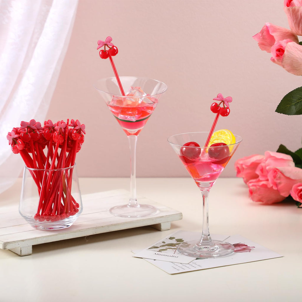Reallnaive 30 Pcs Cherry Bow Drink Stirrers 6 Inch Pink Red Coquette Bow Swizzle Sticks Plastic Preppy Coffee Cocktail Stir Sticks for Bachelorette Galentines Day Valentines Wedding Party Favors