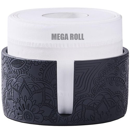 Black Boho Flowers Carved Toilet Paper Holder Stand for Bathroom Countertop or Floating Shelves,Toilet Top Decorative Roll Organizer Mega Roll 5.5 Inches or Less, Free Standing 1 Mega Roll Storage