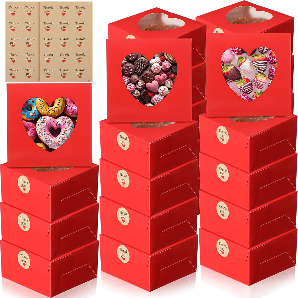 Janlaugh 25 Pcs Red Bakery Boxes for Women Mother with Window Heart Cupcake Treat Cookie Dessert Box Bulk Mom Gift for Chocolate Strawberries Donuts Candy Party Favor (6x6x2.5 Inch)