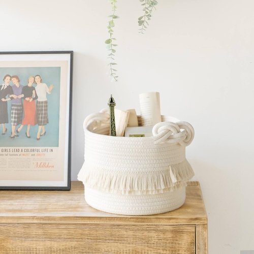 CherryNow Woven Storage Baskets - 9.5'' x 7'' Cotton Rope Hamper for Diapers, Blankets & Keys | Off-White with Cute Tassel