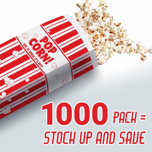 Leak-proof, Grease Resistant Popcorn Bags 1000 Pack. Tear Resistant, Single Serving 2oz Paper Sleeves in Nostalgic Red/White Design. Great Movie Theme Party Supplies, Retro Carnivals & Fundraisers