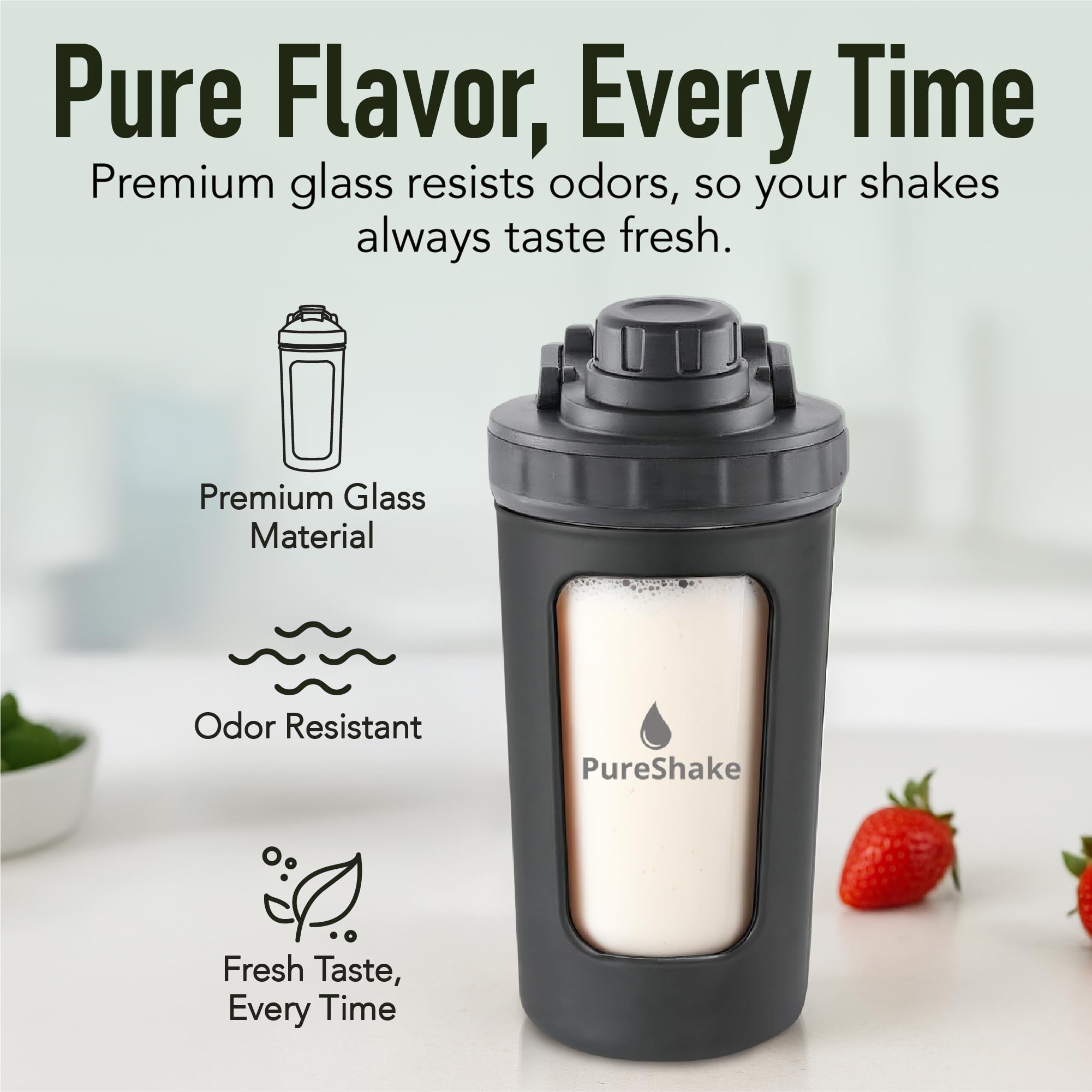 Paddi Glass Shaker Bottle for Protein - Odorless, BPA Free, Leak-Proof - 20 OZ | Graduated Ideal Fitness, Milkshake and Smoothies