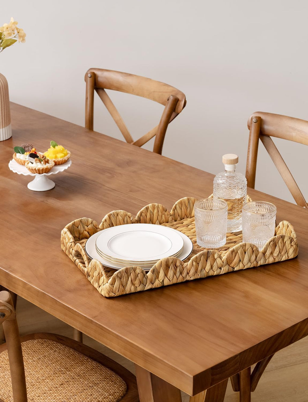 StorageWorks Large Wicker Serving Tray - Hand-Woven Scalloped Rattan Design with Built-in Handles | Natural Water Hyacinth