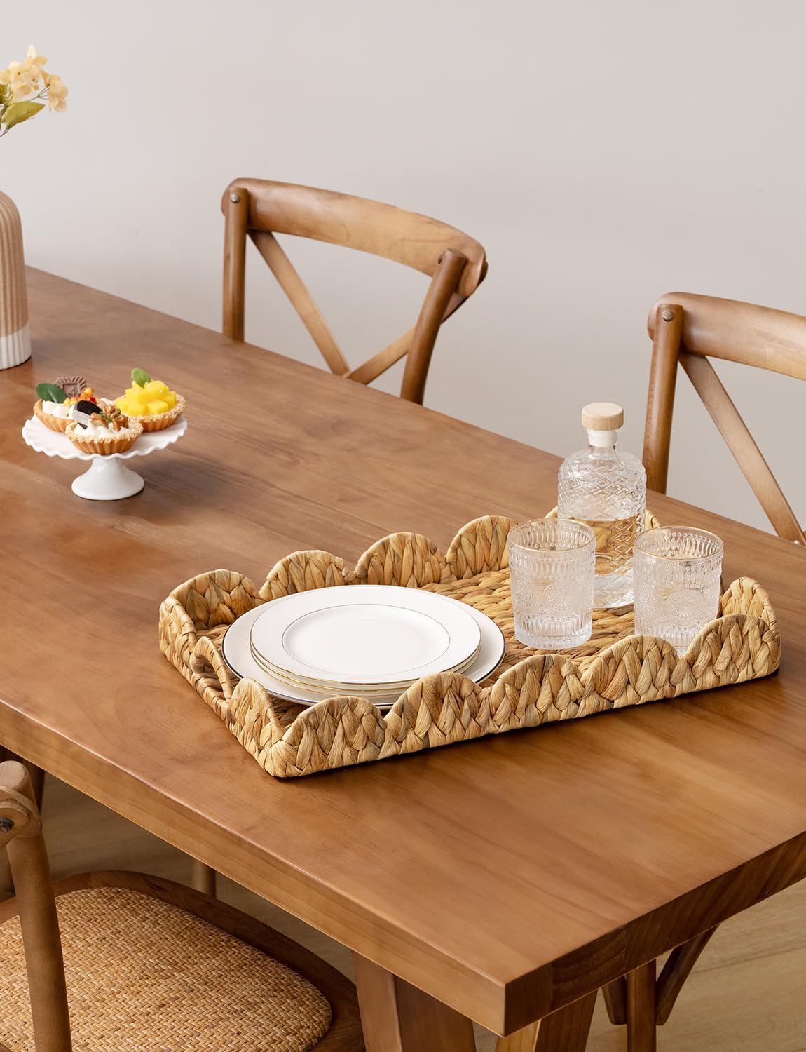 StorageWorks Large Wicker Serving Tray - Hand-Woven Scalloped Rattan Design with Built-in Handles | Natural Water Hyacinth
