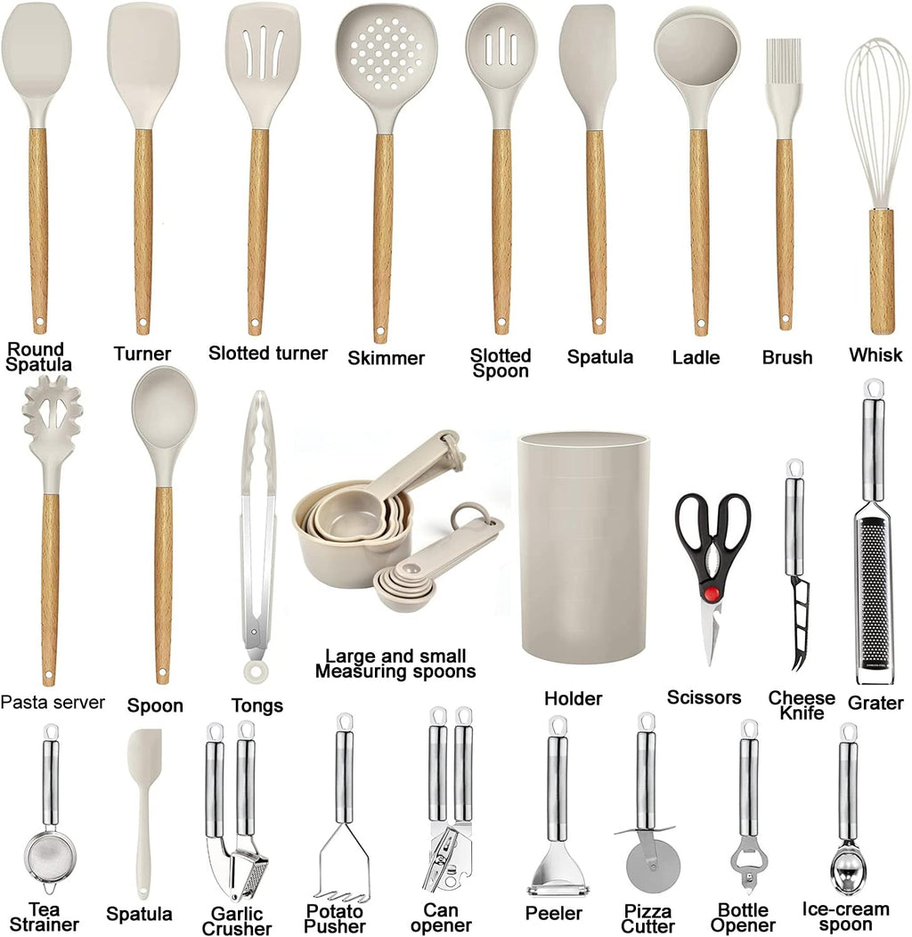 Skiennix Kitchen Utensils Set - 35-Piece Heat-Resistant Silicone & Wooden Cooking Tools