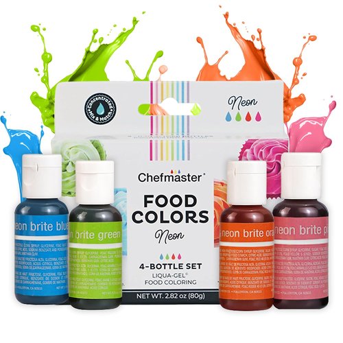 Chefmaster Neon Food Coloring Set - 4 Vibrant Liqua-Gel® Bottles for Professional Baking | Fade-Resistant, 0.67 oz
