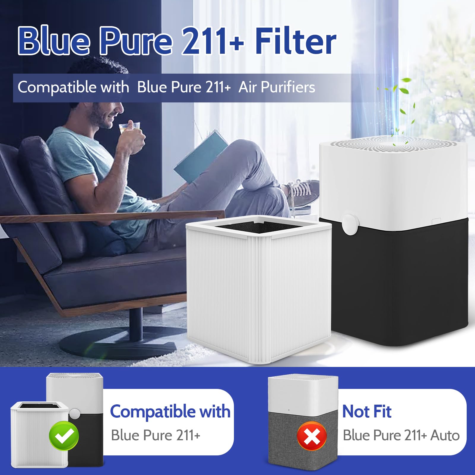 XBGG 211+ Replacement Filter Compatible with Blue Pure 211 Air Purifier Series, 2-in-1 Filtration System of H13 True HEPA and Activated Carbon Filter, 2 Pack