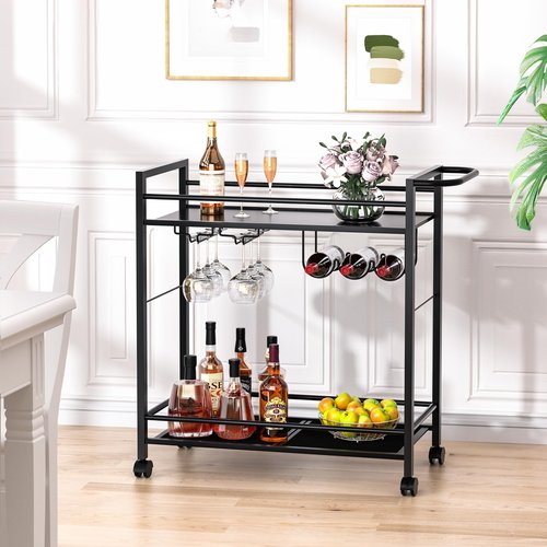 Joaxswe Bar Cart,Home Bar Serving Cart with Storage Shelves, 2 Tier Rolling Beverage Cart with Wheels, Modern Wine Cart with Wine Rack and Glass Holder for Kitchen, Living Room,Dinning Room,Black