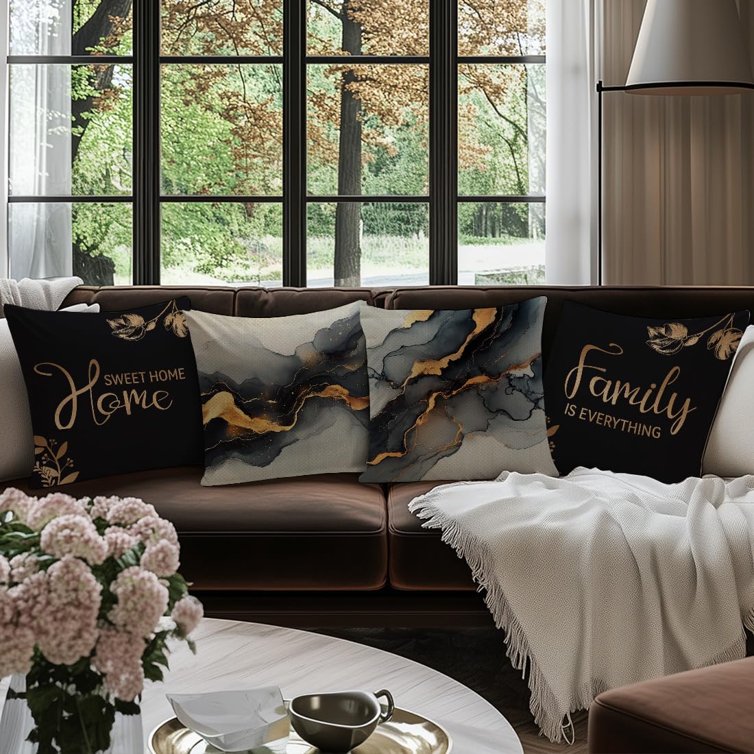 BEWQ Bless Home Black Gold Marble Throw Pillow Covers, 18X18 inch Set of 4 Square Modern Outdoor Pillow Cases Decorative Cushion Covers, for Home Couch Sofa Car Decor