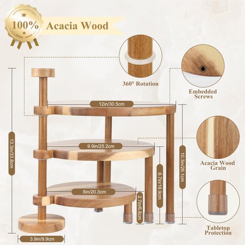 GEHE 3 Tier Round Cupcake Stand, 360° Rotatable Acacia Wood Cake Stand Cupcake Tower, Rustic Wooden Tiered Dessert Table Display Set, Tiered Tray Stands for Birthday, Wedding Party