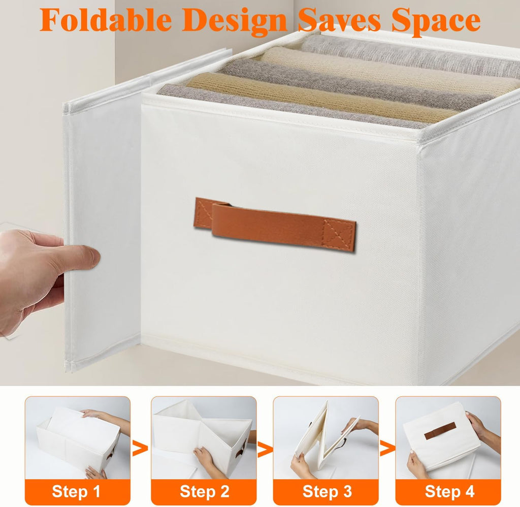 Skiennix Large Oxford Fabric Storage Bins - Sturdy Foldable Organizer Baskets with PU Handles | White 4-Pack