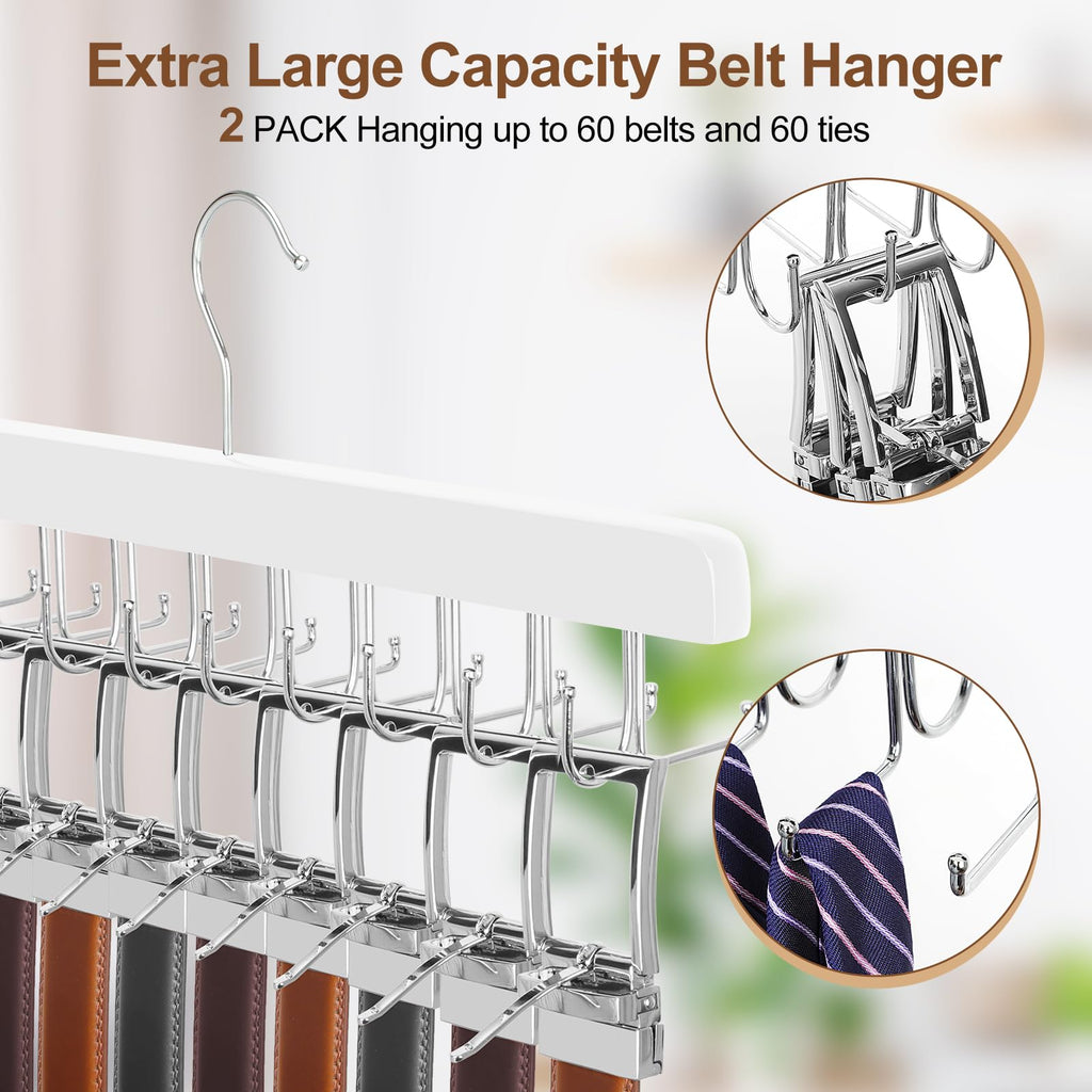 TOPIA HANGER 20 Hooks 2 in 1 Belt Tie Hanger for Closet Max 30 Belts with 30 Ties Capacity, Belt Tie Racks Wooden Hanger for Closet Organizer Storage “U” Fit for Belt and “一” Fit for Tie - CT47W
