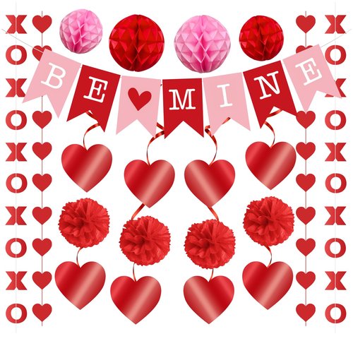 GIFTODAY 21Pcs Valentine's Day Decorations Set - Pre-Assembled BE MINE Banner with Heart Swirls & XOXO Garlands, Romantic Party Decor for Engagement Wedding Anniversary Party