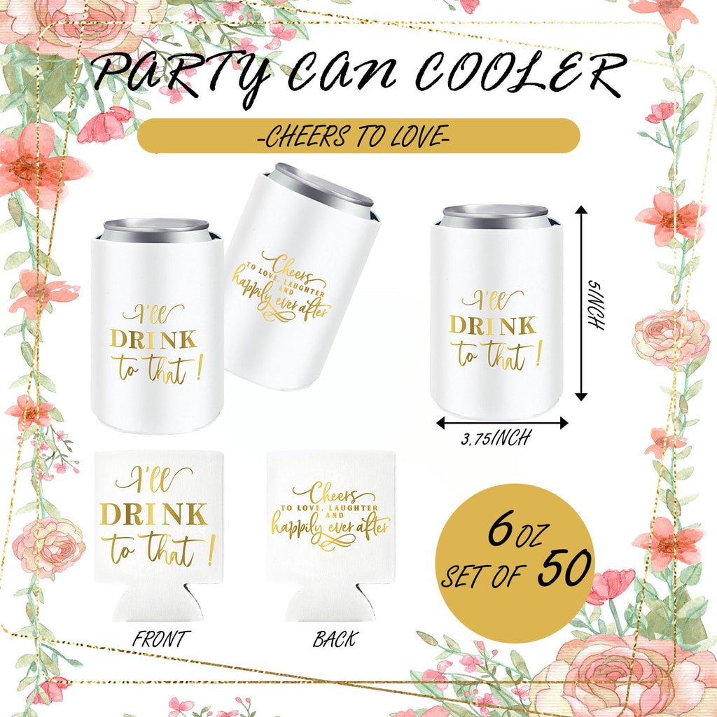 SiliFine 101 Pcs Wedding Can Cooler Bulk Engagement Party Favors for 100 Guests Cheers to Love Laughter, and I'll Drink Can Cooler with 1 Pcs Wooden Wedding Table Sign Bridal Shower Favor(White)