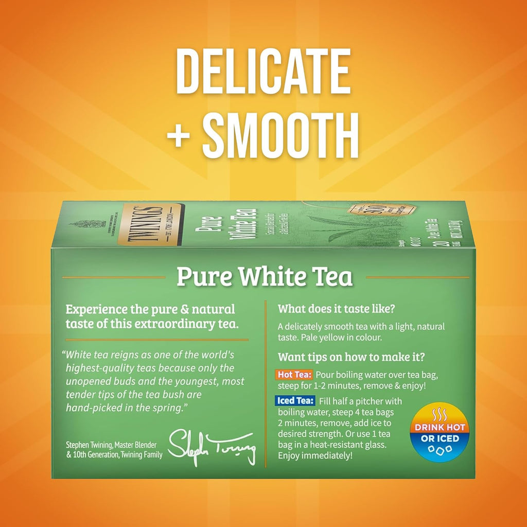 Twinings Pure White Tea - Individually Wrapped Bags, Light & Fresh Flavor, 20 Count (Pack of 6)