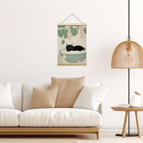 LETUROIA Japanese Cat Bathroom Poster Hanger Frame - Black Cat Aesthetic Canvas Wall Art (12x16") for Home Spa Decor