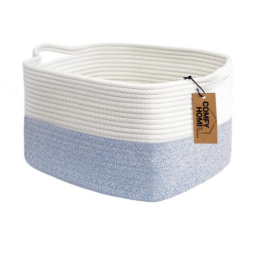 Comfy-Homi Cotton Rope Woven Storage Basket - Stylish Organizing Bin with Handles | 13.5"x11"x9.5" | White/Blue