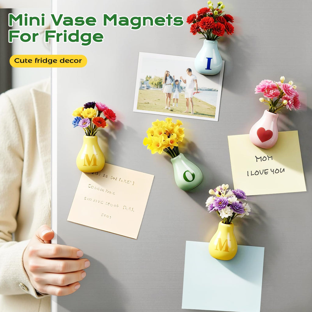 Renmxj 5 Pcs Cute Mini Ceramic Vase Fridge Magnets with Artificial Flowers