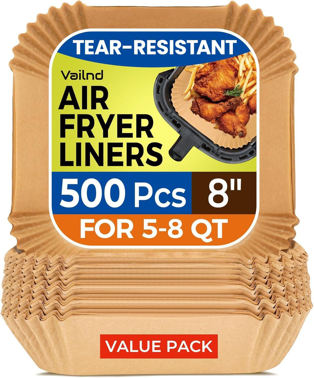Unbleached Parchment Paper Liners - 500 Pcs Disposable Air Fryer Liners | 8" Square, Non-Stick & Leakproof