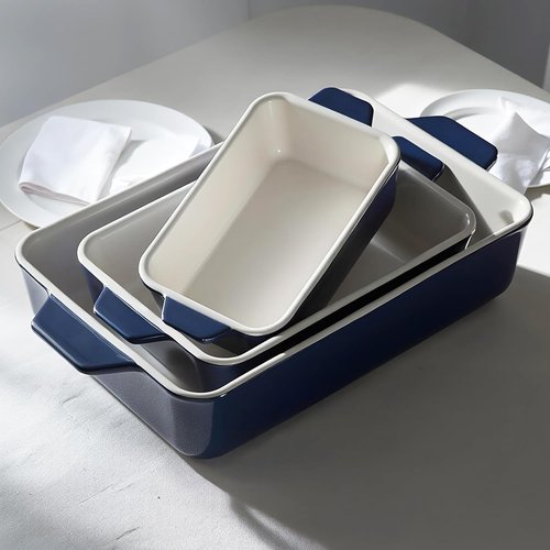 Kook Casserole Dish Set - Durable Ceramic Baking Pans with Handles | Large 8.5 x 14, 11 x 7, 8 x 5 (Navy)