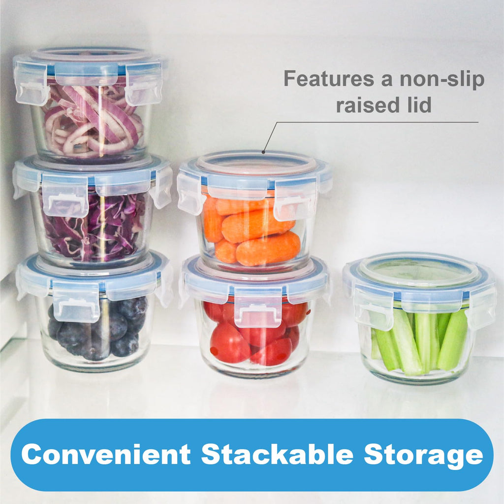 Iyulania Set of 6 Small Glass Storage Containers, 7 oz Food Containers with No-Spill Lids, Thick Glass Jars for Meal Prep, Baby’s Snacks, Leftovers and Sauces, Dishwasher & Microwave Safe