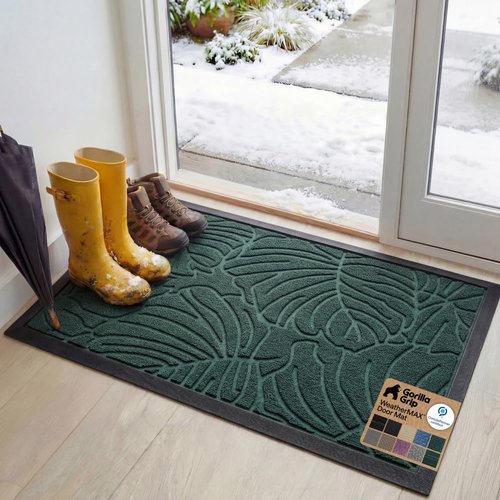 GORILLA GRIP Waterproof All-Season WeatherMAX Doormat - 47x35 Natural Rubber | Stain & Fade Resistant, Easy Clean Green Palm