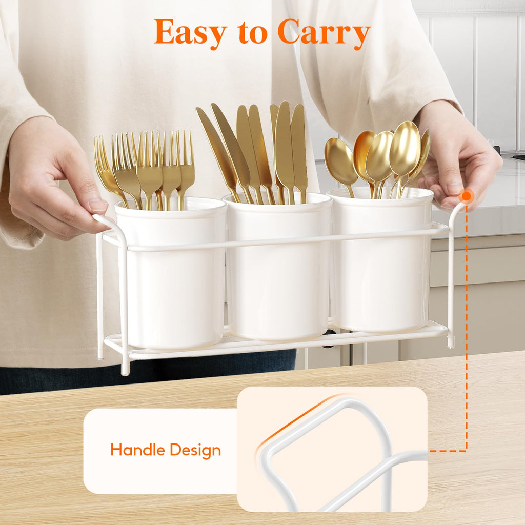 Lifewit Plastic Silverware Caddy with Metal Rack, Utensil Holder for Party, Cutlery Flatware Organizer for Kitchen Countertop, Forks Spoons Knives Storage for Picnic Camping Outdoor Buffet, White