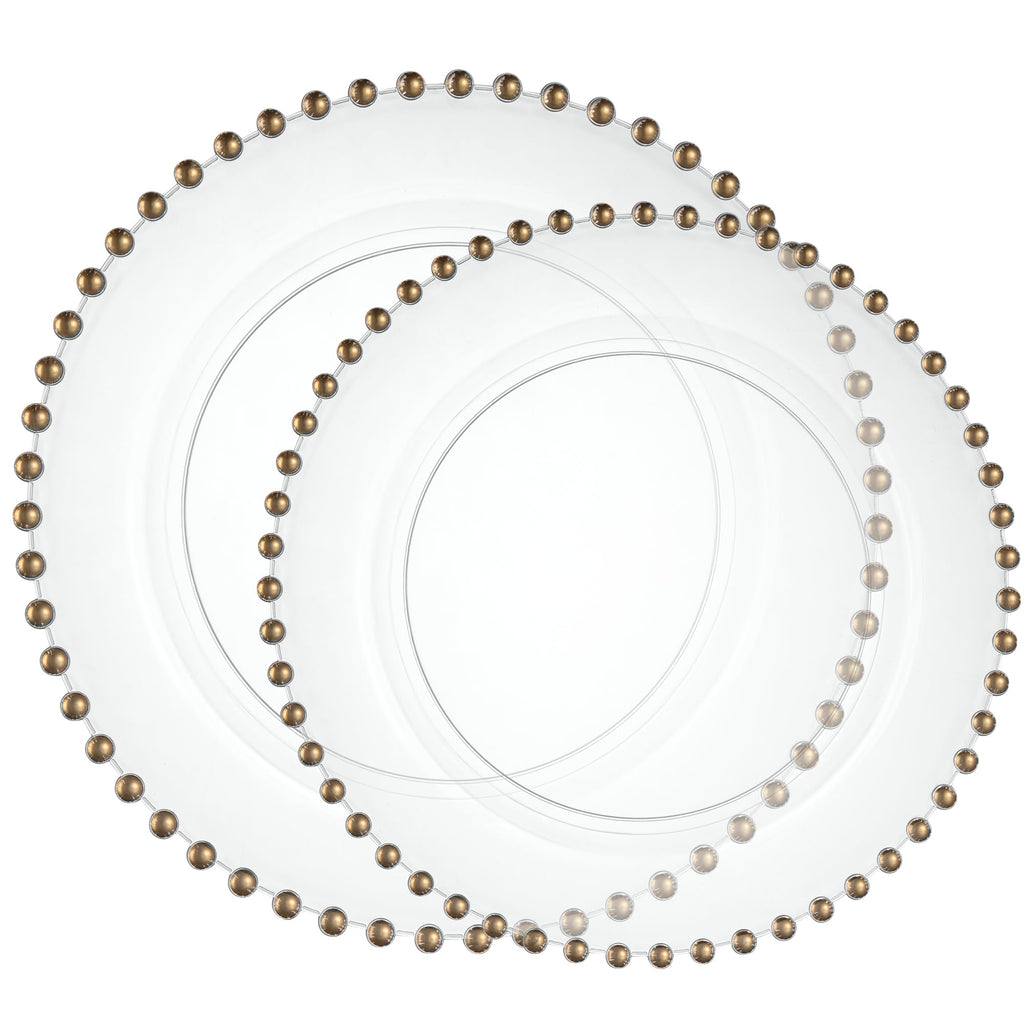 PLASTICPRO 32 Piece Combo Plastic Dinner Plates Disposable Plastic Fancy Heavy Duty Party Dishes 7 inch and 10 inch, Clear and Gold Beaded