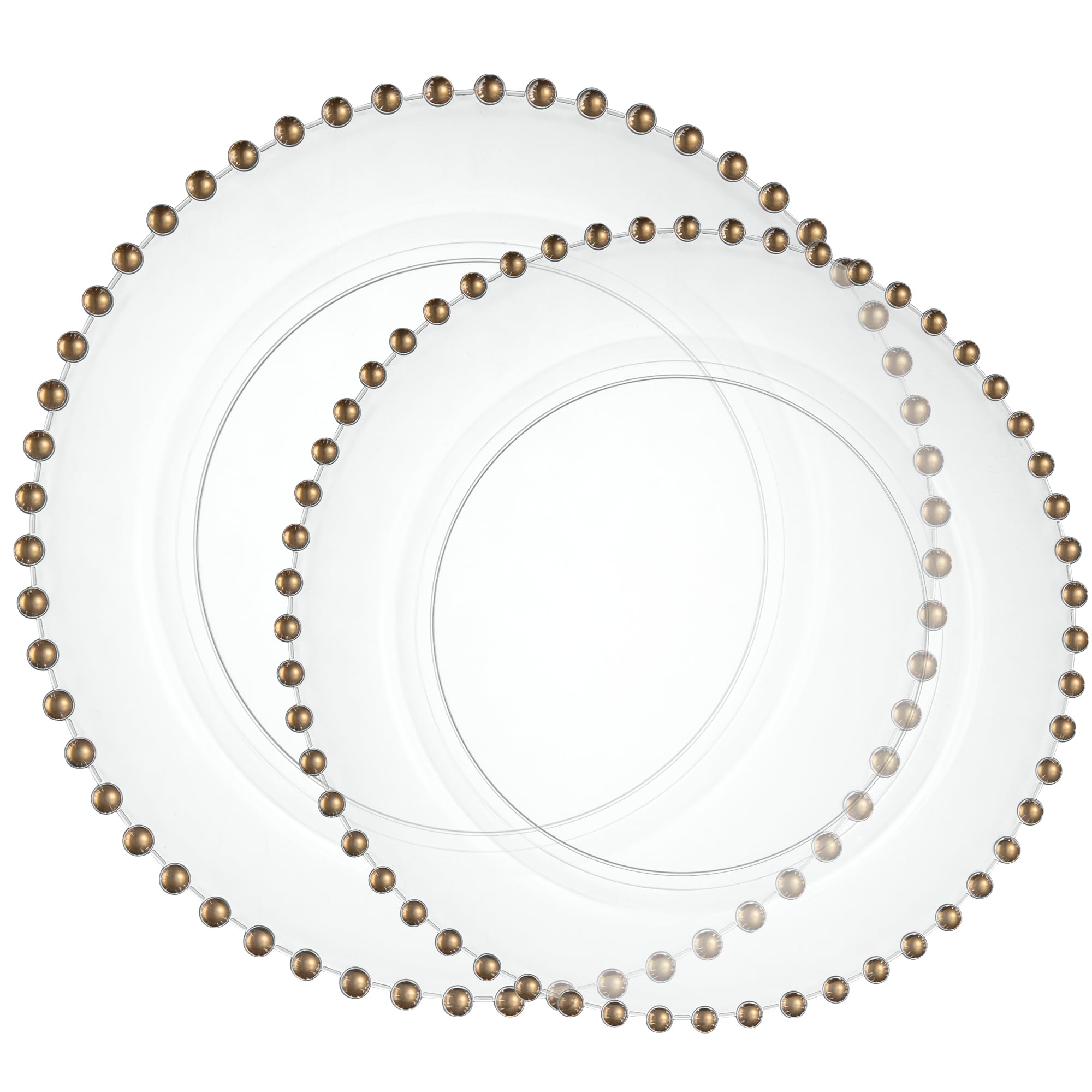 PLASTICPRO 32 Piece Combo Plastic Dinner Plates Disposable Plastic Fancy Heavy Duty Party Dishes 7 inch and 10 inch, Clear and Gold Beaded