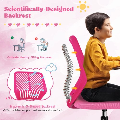 Giantex Kids Desk Chair, Armless Kids Computer Chair with Lumbar Support, Mesh Adjustable Swivel Study Chair with Wheels, Small Office Chair for Girls Boys Teen in Bedroom School (Pink)