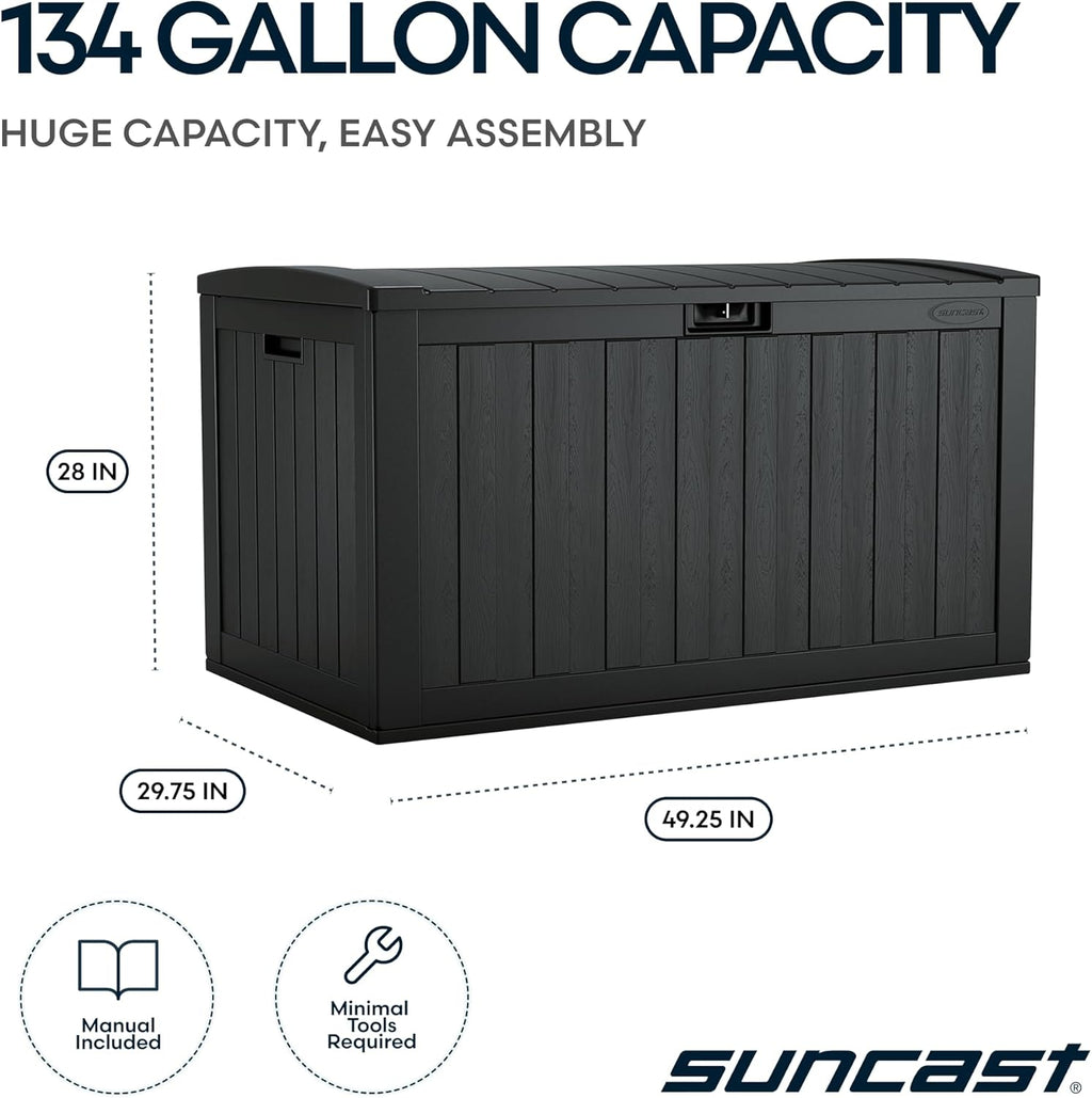 Suncast Extra-Large Resin Outdoor Patio Deck Box - 134-Gal Storage with Pad-Lockable Lid | Iron Ore Color