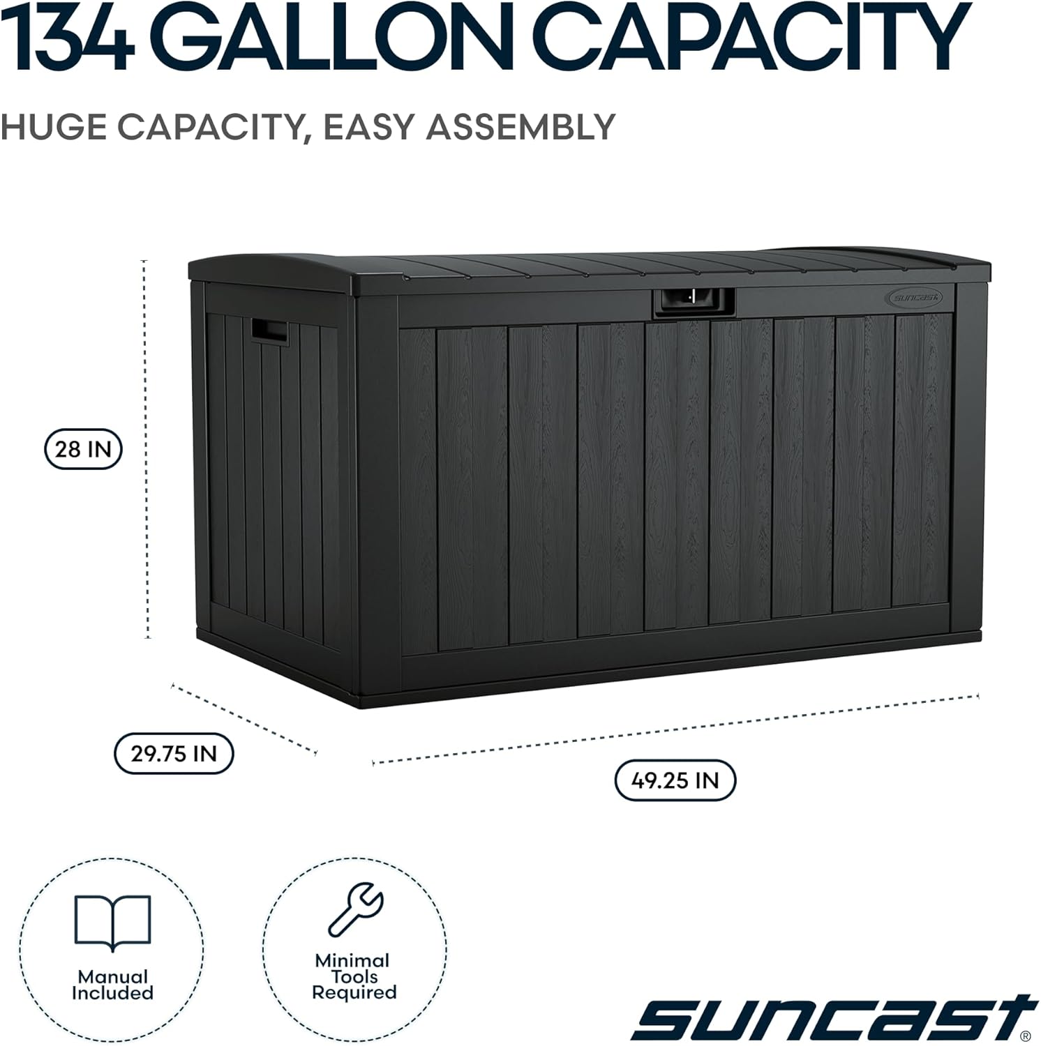 Suncast Extra-Large Resin Outdoor Patio Deck Box - 134-Gal Storage with Pad-Lockable Lid | Iron Ore Color