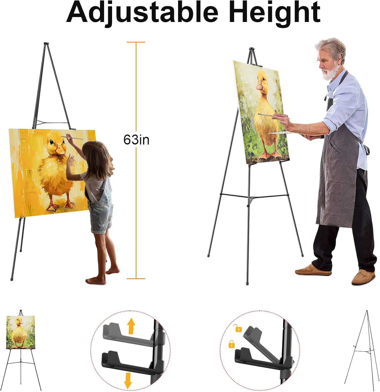 Nicpro Folding Easels - 63 Inch Metal Tripod Stand for Artists | Portable Black Display Easel (3 Pack)