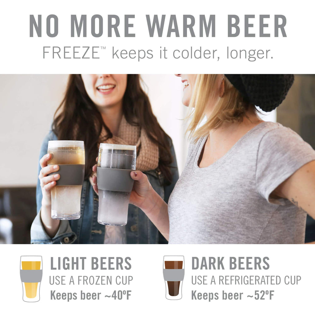 HOST Freeze Beer Glasses, 16 ounce Freezer Gel Chiller Double Wall Plastic Frozen Pint Glass, Set of 4, Black and Grey