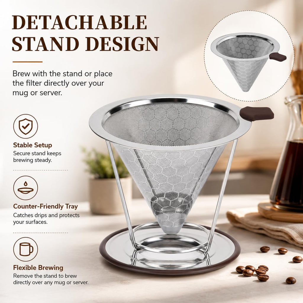 Pour Over Coffee Dripper, Pour-over Filters with 800 Mesh Steel Mesh Optimize Extraction For Rich Coffee Flavor, Stainless Steel Filter, Paperless Pour-over