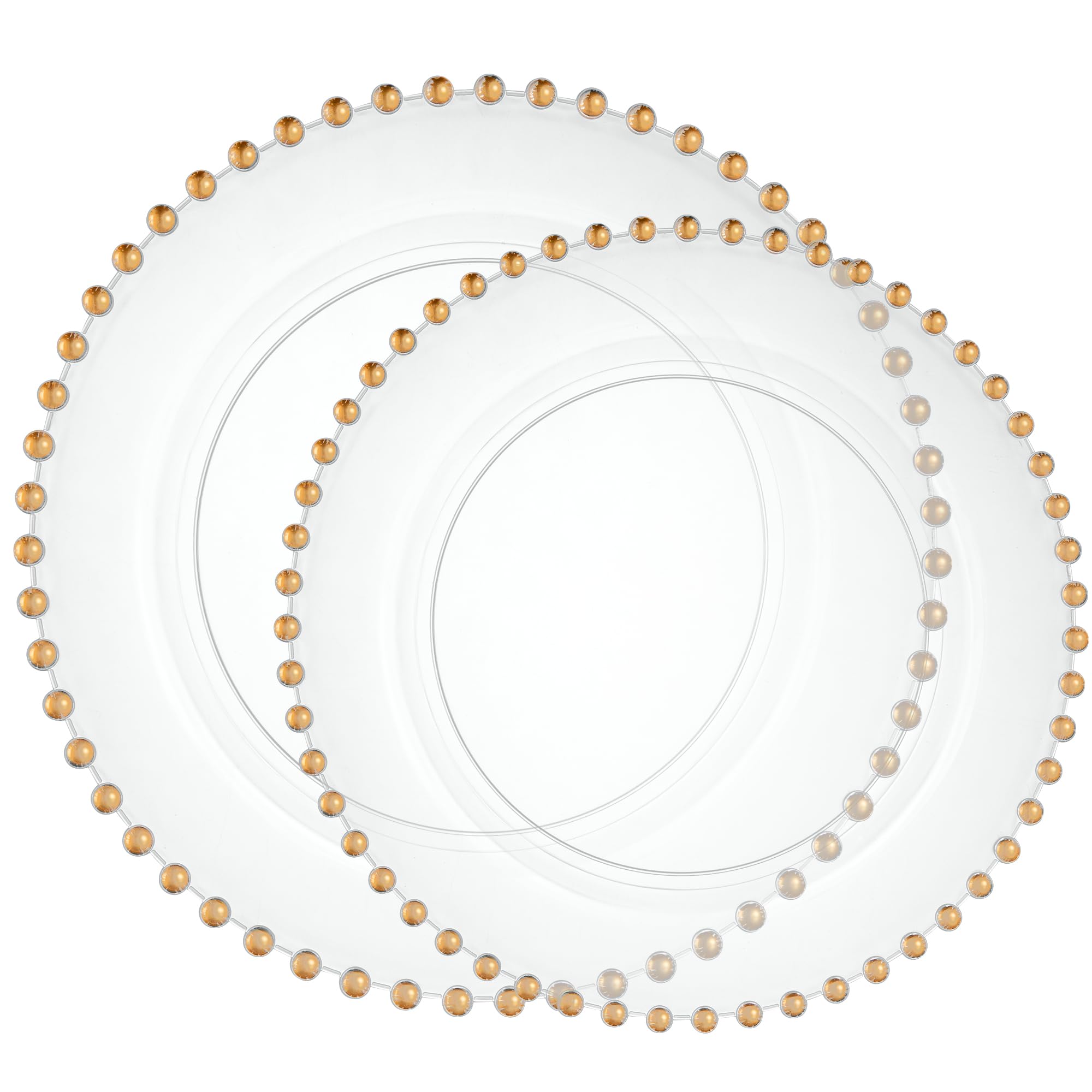 PLASTICPRO 32 Piece Combo Plastic Dinner Plates Disposable Plastic Fancy Heavy Duty Party Dishes 7 inch and 10 inch, Clear and Gold Beaded