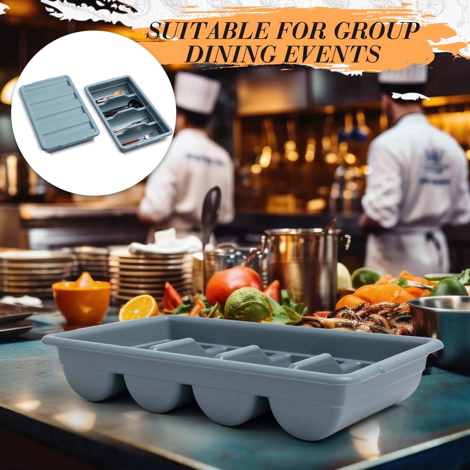 Maxdot 2 Pcs 20.5 x 11.9 x 3.7 Inch Silverware Organizer with Lid, Commercial 4-compartment Restaurant Kitchen Cutlery Tray, Plastic Silverware Storage Container, Condiments Holder (Grayish Blue)